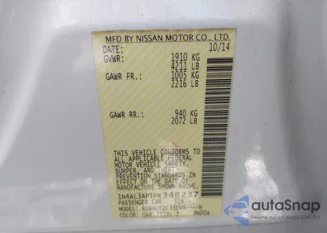 2015 Nissan Altima 2.5 Sl from USA, damaged, VIN 1N4AL3AP1FN348237